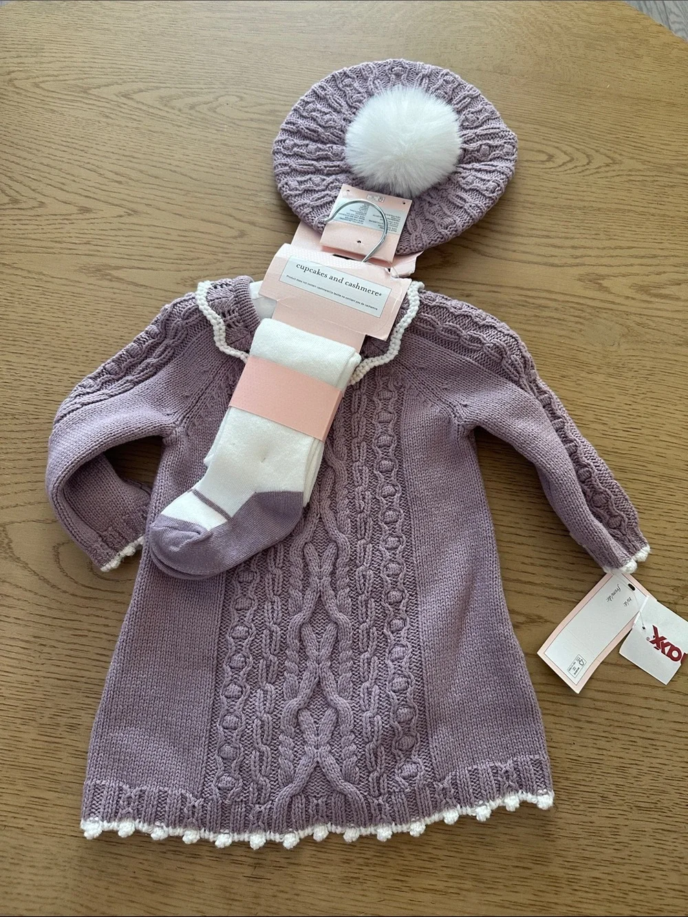 Cupcakes and Cashmere Lavender Cable Knit Baby Dress with Socks & hat NWT 3-6mo